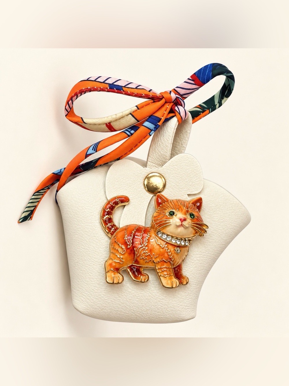 One-of-a-Kind Cream Purse Charm with Orange Cat Brooch
